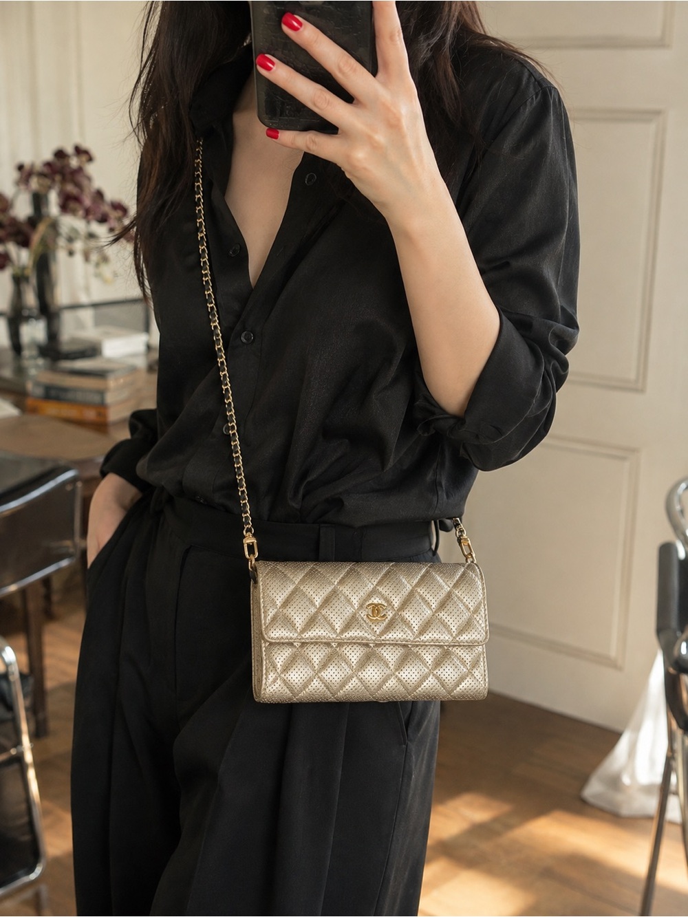 CHANEL Metallic Champagne Perforated Quilted Long Wallet + Unbranded WOC Kit